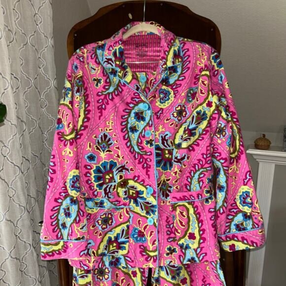 Nick & Nora Women’s Pajama Set Small Pink Paisley Button Front Top Pants Cotton - Picture 2 of 11